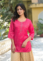 Juniper Women's Fuchsia Solid Shantoon Tunic With Sequins & Zari Work | Grocsy