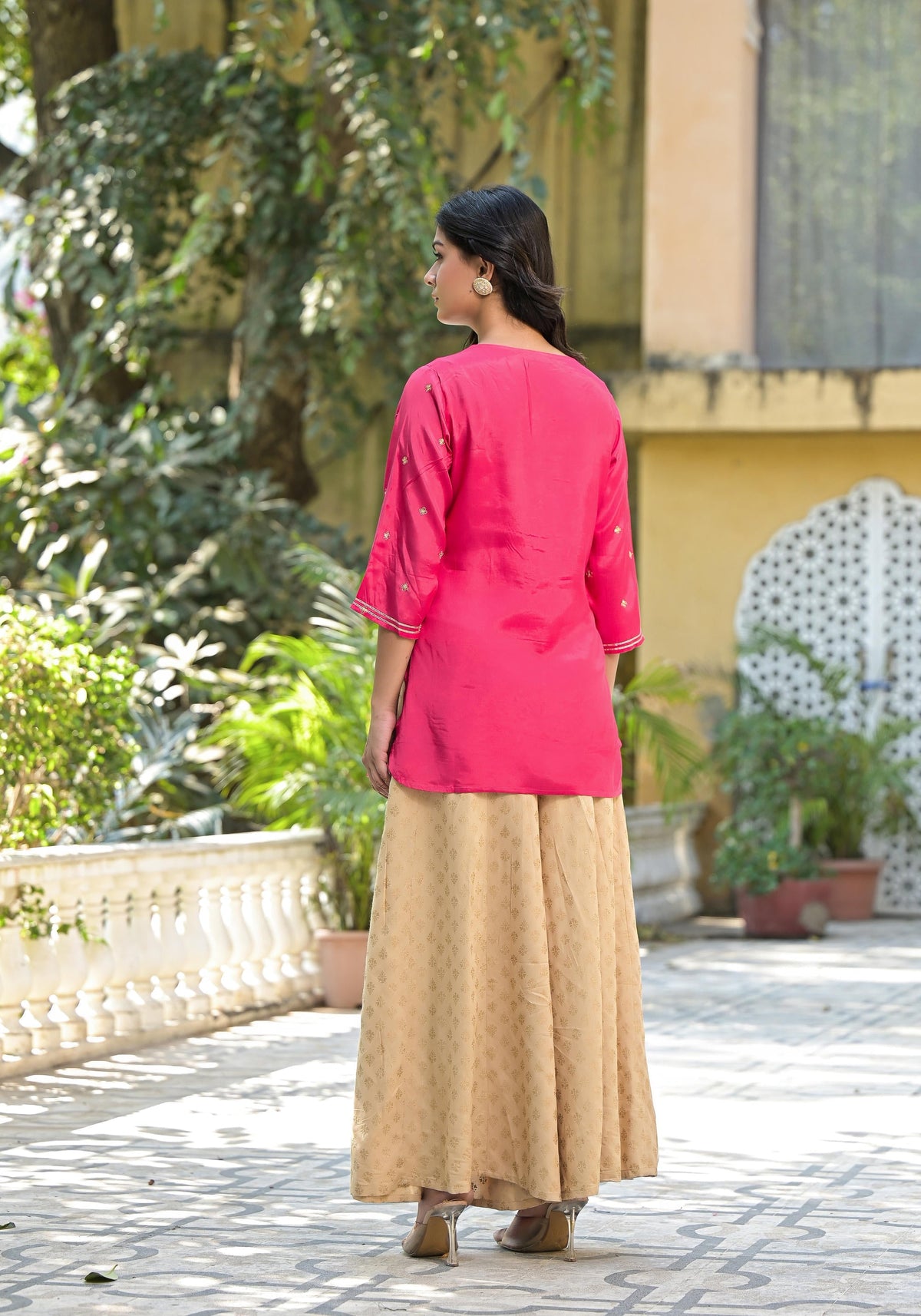 Juniper Women's Fuchsia Solid Shantoon Tunic With Sequins & Zari Work | Grocsy