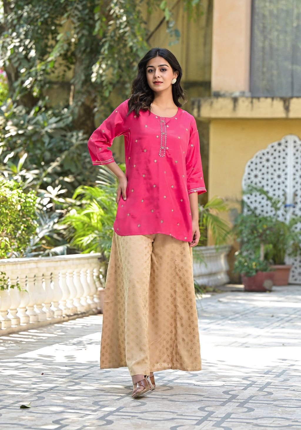 Juniper Women's Fuchsia Solid Shantoon Tunic With Sequins & Zari Work | Grocsy