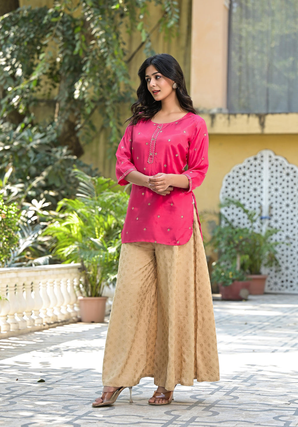 Juniper Women's Fuchsia Solid Shantoon Tunic With Sequins & Zari Work | Grocsy