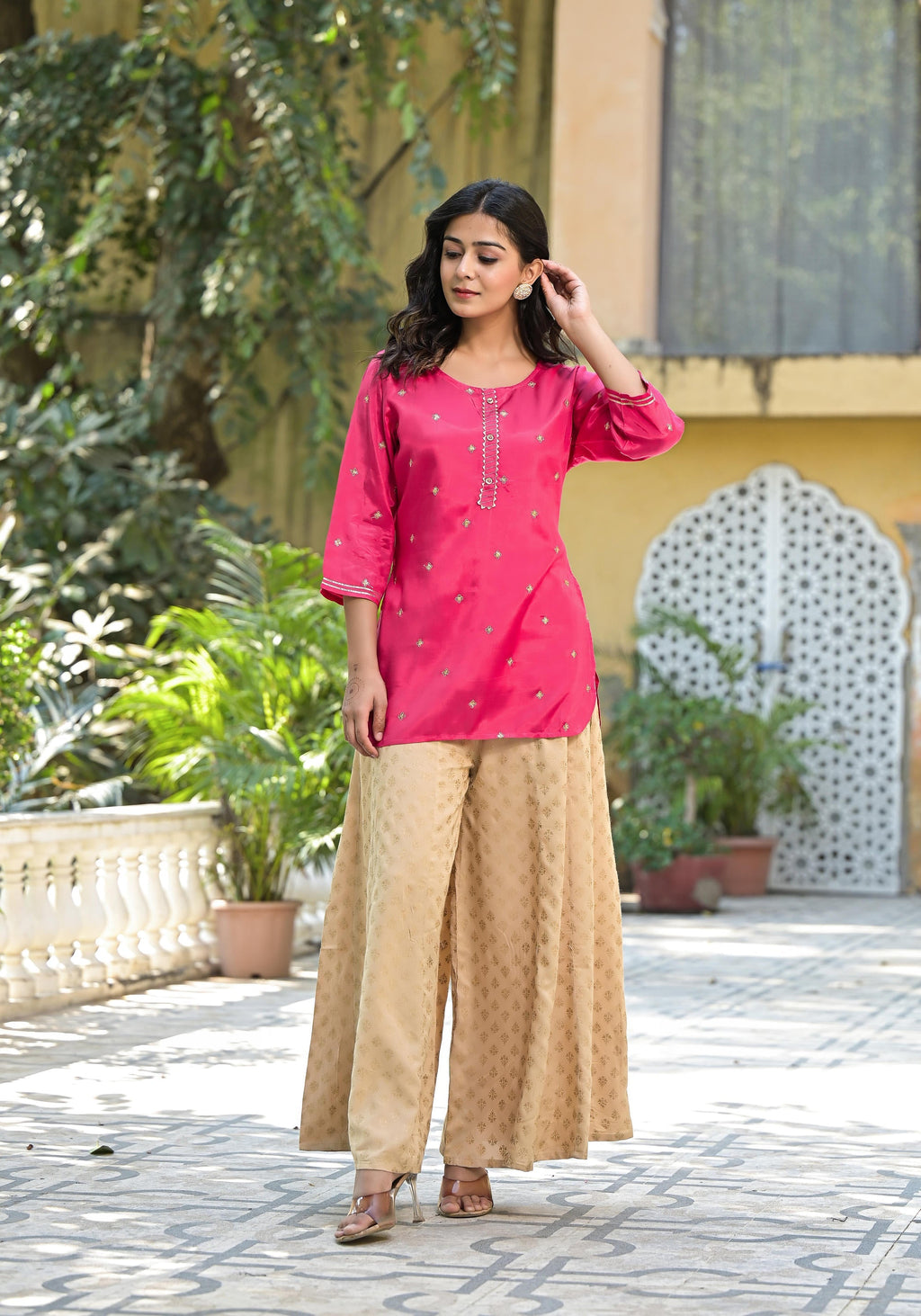 Juniper Women's Fuchsia Solid Shantoon Tunic With Sequins & Zari Work | Grocsy