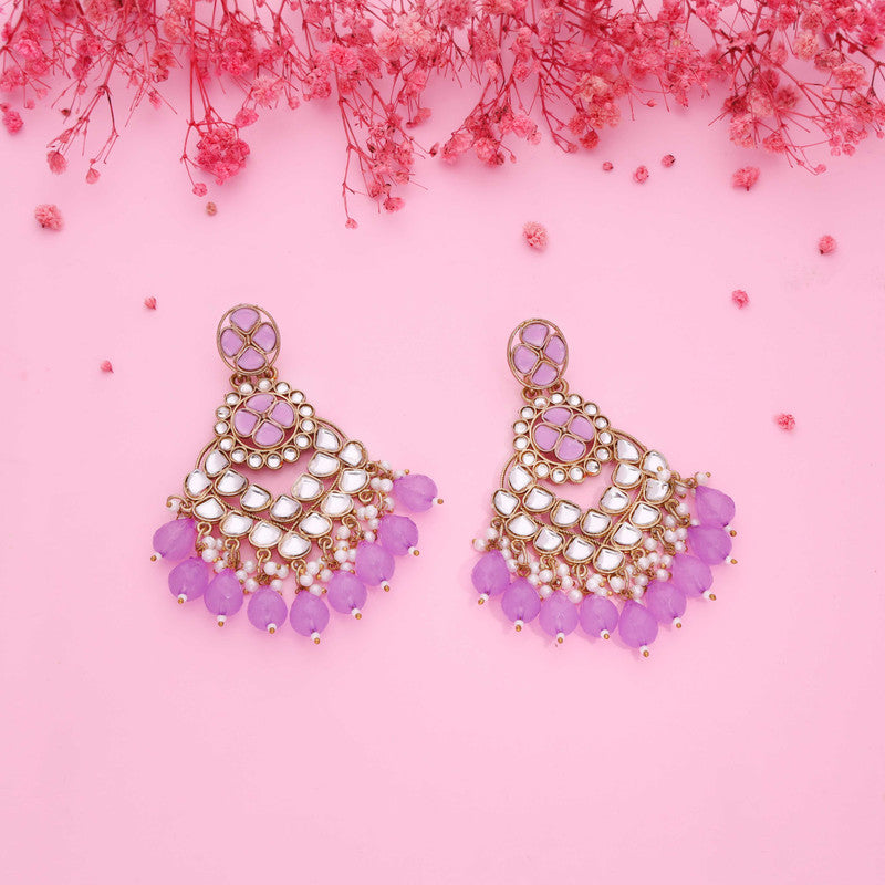 Tehzeeb Creations Gold Polish Kundan Purple Colour Earrings | Grocsy