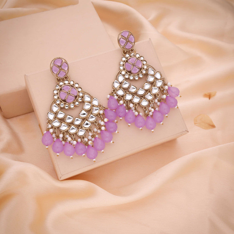 Tehzeeb Creations Gold Polish Kundan Purple Colour Earrings | Grocsy