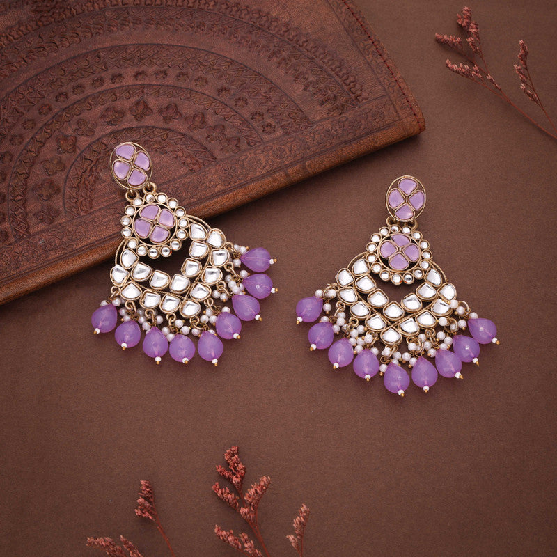 Tehzeeb Creations Gold Polish Kundan Purple Colour Earrings | Grocsy
