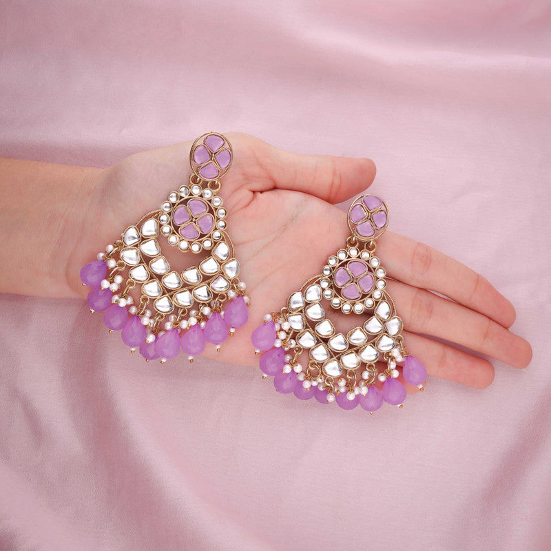 Tehzeeb Creations Gold Polish Kundan Purple Colour Earrings | Grocsy