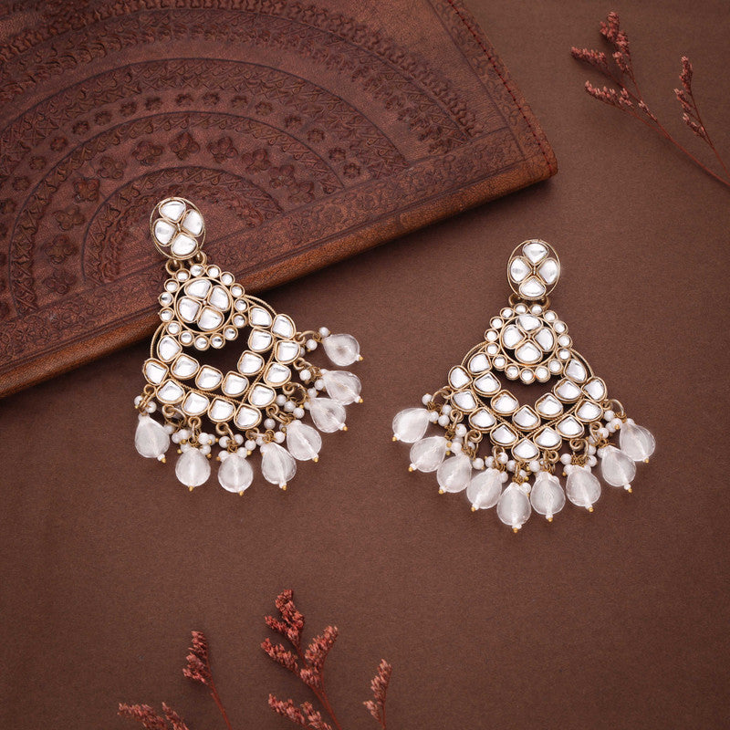 Tehzeeb Creations Gold Polish Kundan White Colour Earrings | Grocsy