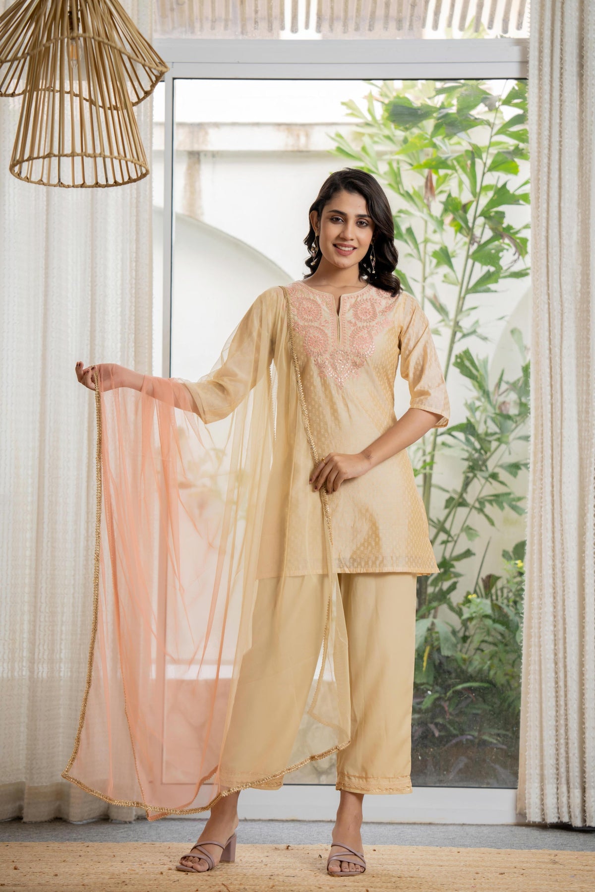 Juniper Women's Gold Solid Chanderi Kurta Set With Thread Work & Gota Patti | Grocsy