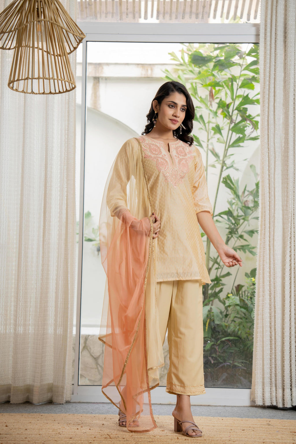 Juniper Women's Gold Solid Chanderi Kurta Set With Thread Work & Gota Patti | Grocsy