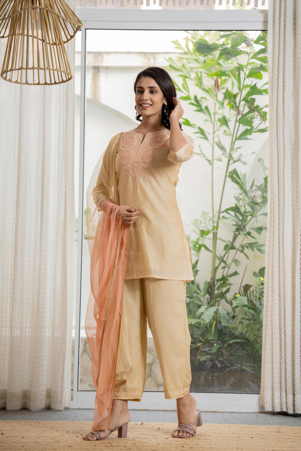 Juniper Women's Gold Solid Chanderi Kurta Set With Thread Work & Gota Patti | Grocsy