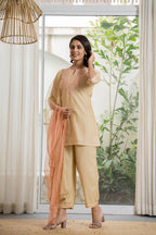 Juniper Women's Gold Solid Chanderi Kurta Set With Thread Work & Gota Patti | Grocsy