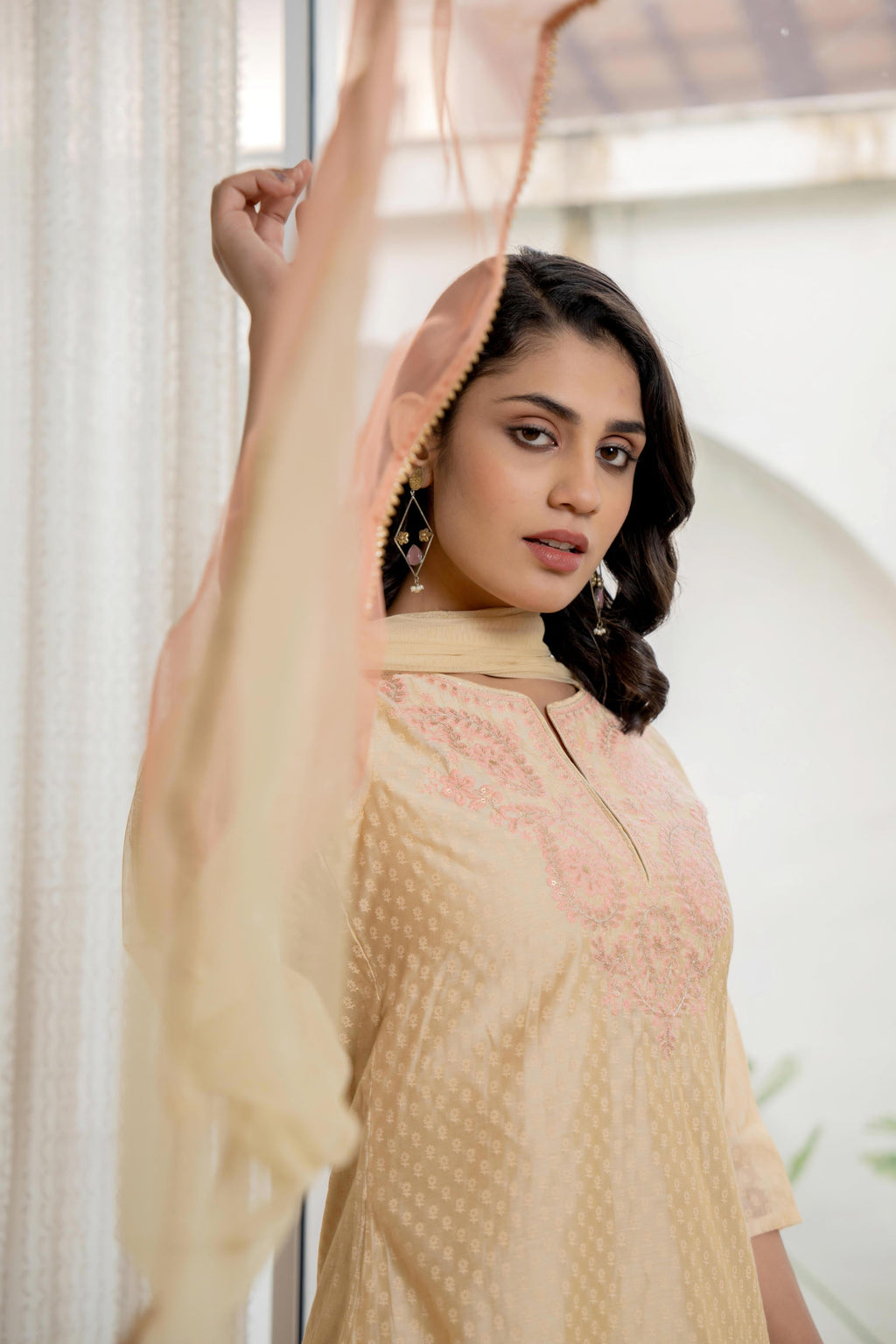 Juniper Women's Gold Solid Chanderi Kurta Set With Thread Work & Gota Patti | Grocsy