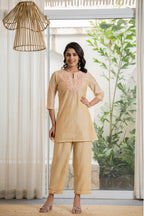 Juniper Women's Gold Solid Chanderi Kurta Set With Thread Work & Gota Patti | Grocsy