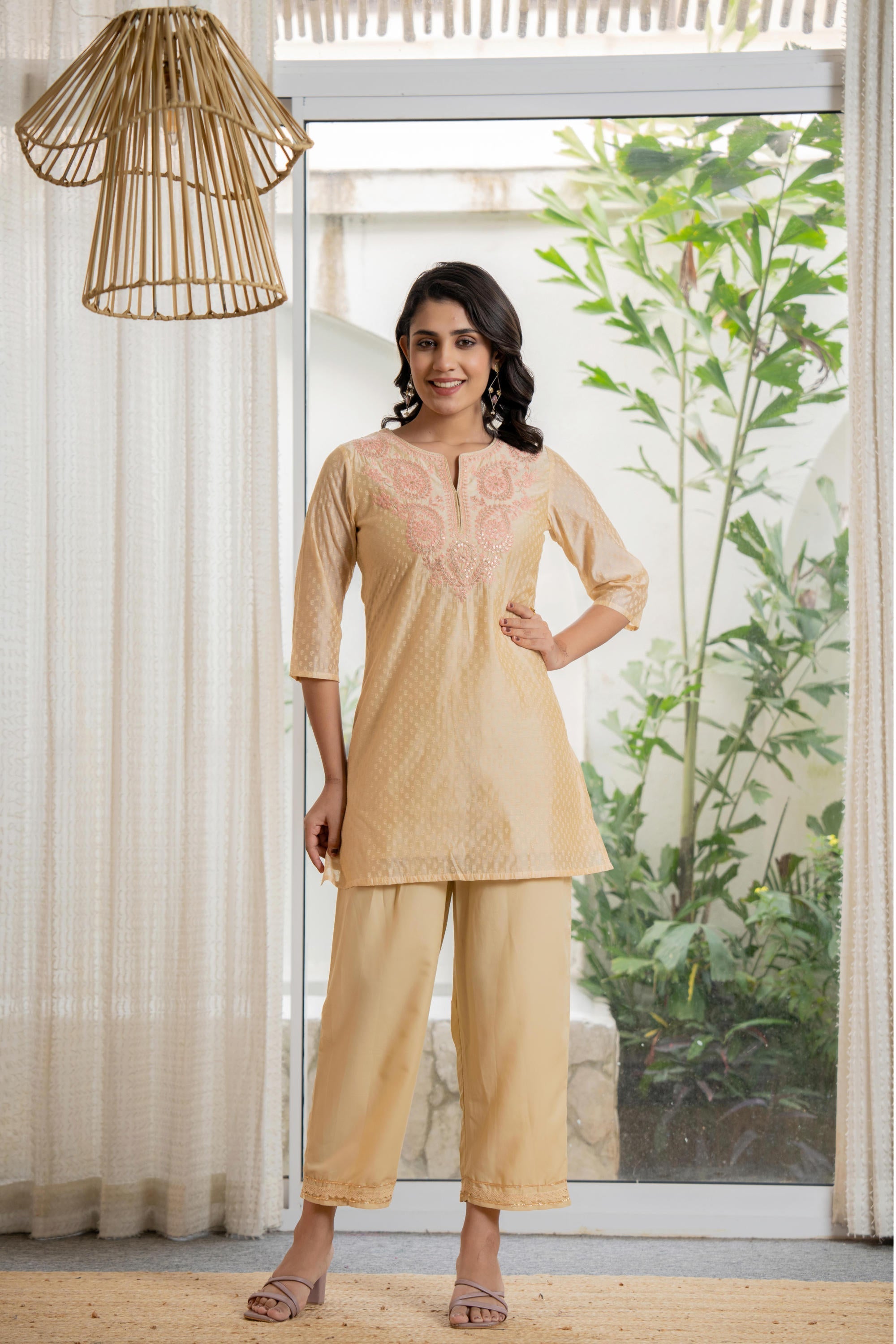Juniper Women's Gold Solid Chanderi Kurta Set With Thread Work & Gota Patti | Grocsy