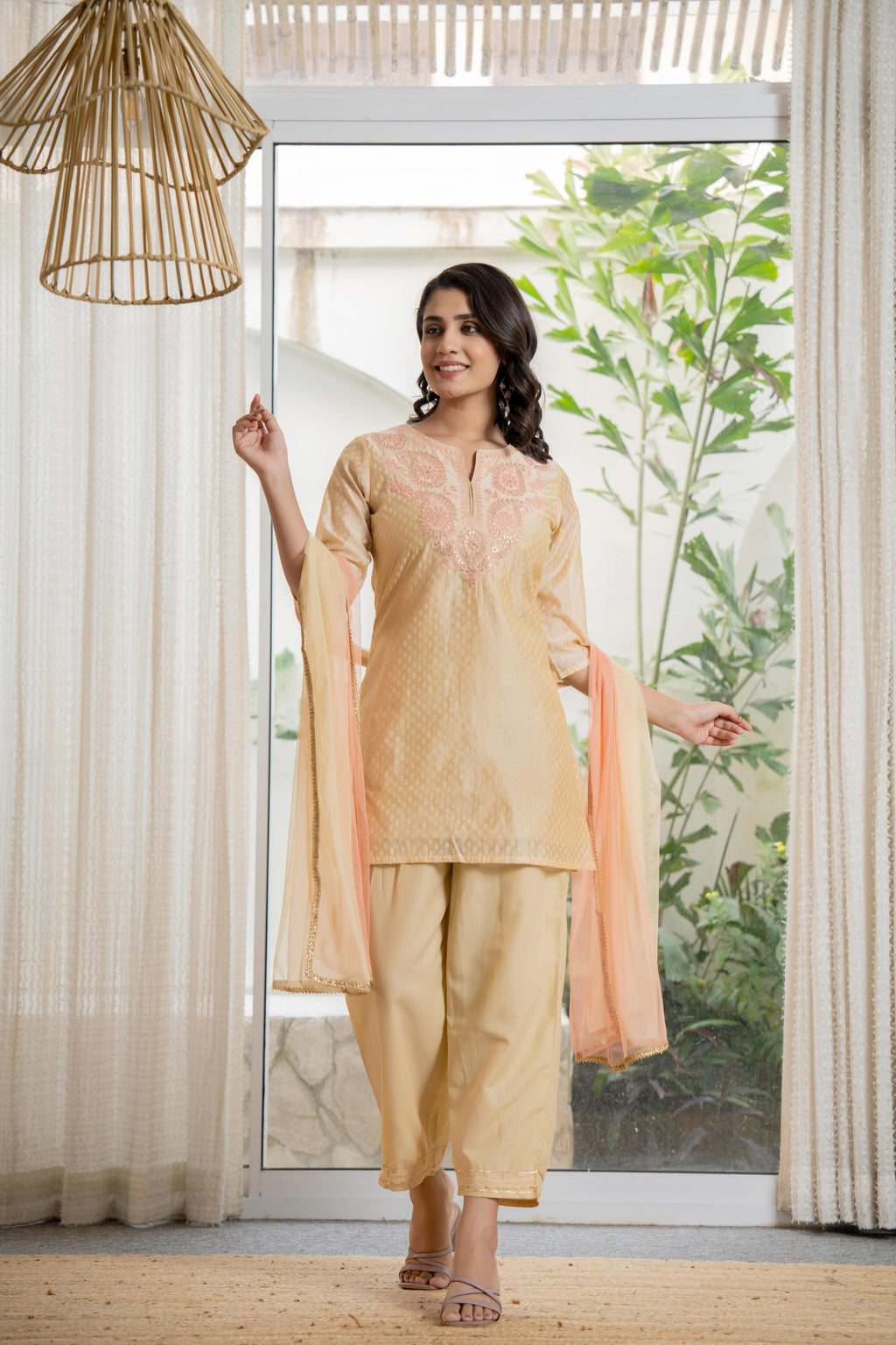 Juniper Women's Gold Solid Chanderi Kurta Set With Thread Work & Gota Patti | Grocsy