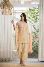 Juniper Women's Gold Solid Chanderi Kurta Set With Thread Work & Gota Patti | Grocsy
