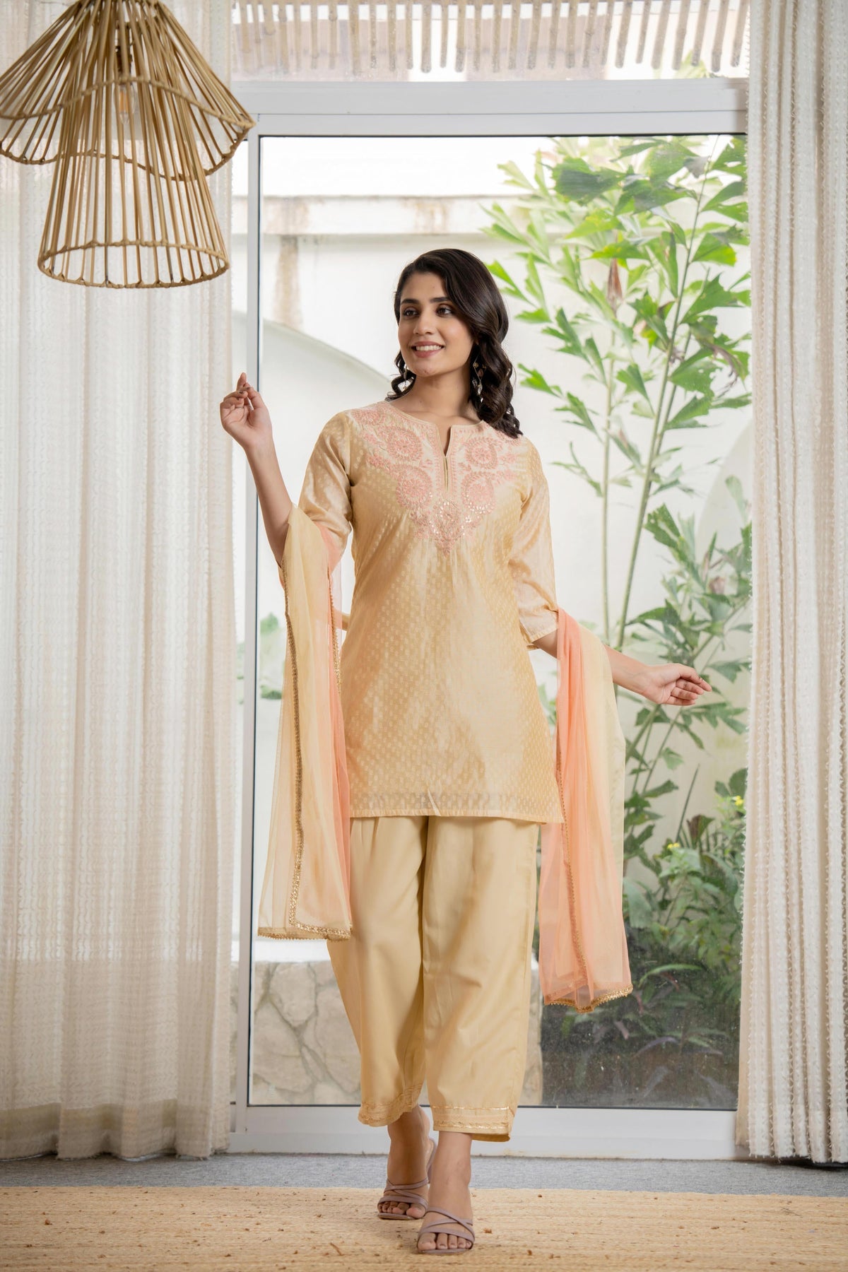Juniper Women's Gold Solid Chanderi Kurta Set With Thread Work & Gota Patti | Grocsy
