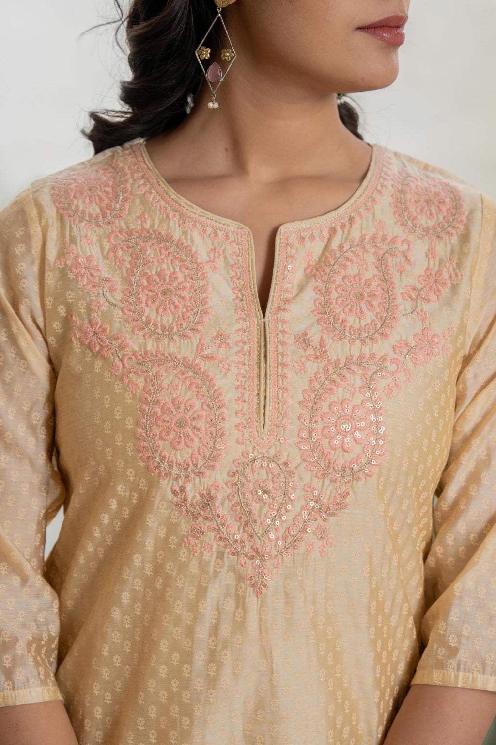 Juniper Women's Gold Solid Chanderi Kurta Set With Thread Work & Gota Patti | Grocsy