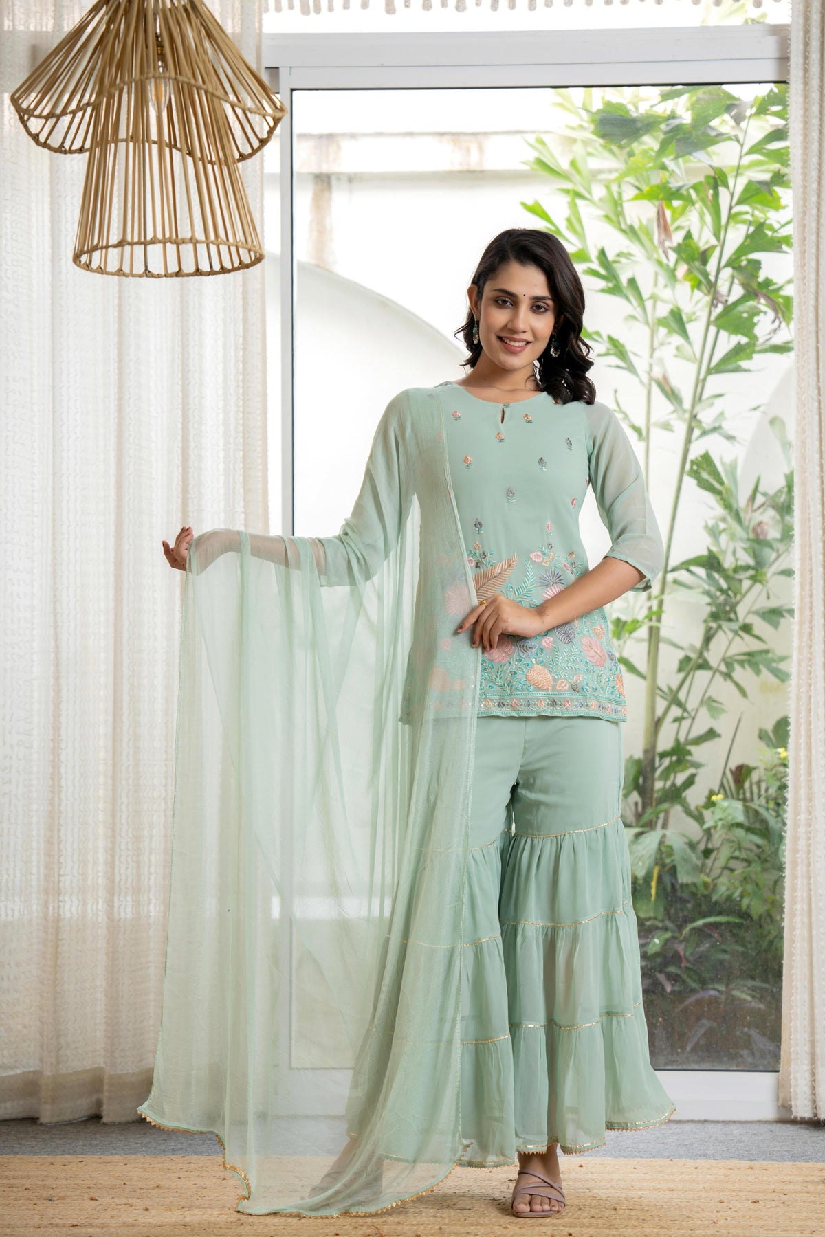 Juniper Women's Green Thread Embroidered Georgette Tunic Sharara & Dupatta Set With Sequins & Lace | Grocsy