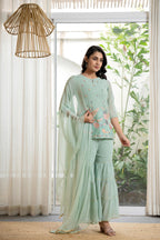 Juniper Women's Green Thread Embroidered Georgette Tunic Sharara & Dupatta Set With Sequins & Lace | Grocsy