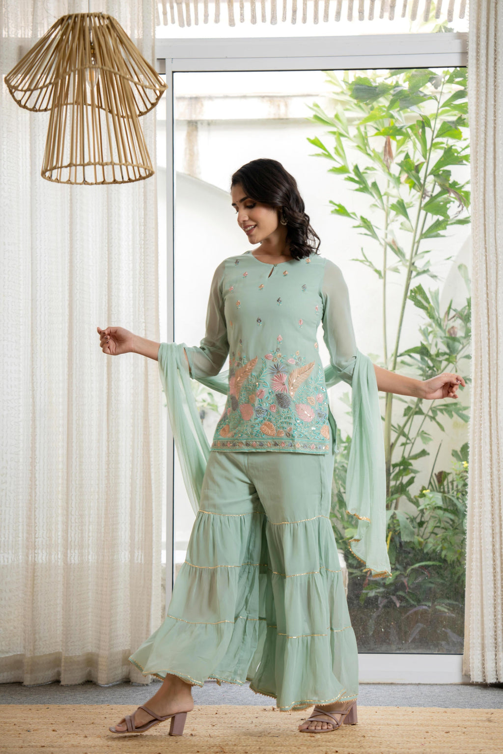 Juniper Women's Green Thread Embroidered Georgette Tunic Sharara & Dupatta Set With Sequins & Lace | Grocsy