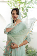 Juniper Women's Green Thread Embroidered Georgette Tunic Sharara & Dupatta Set With Sequins & Lace | Grocsy
