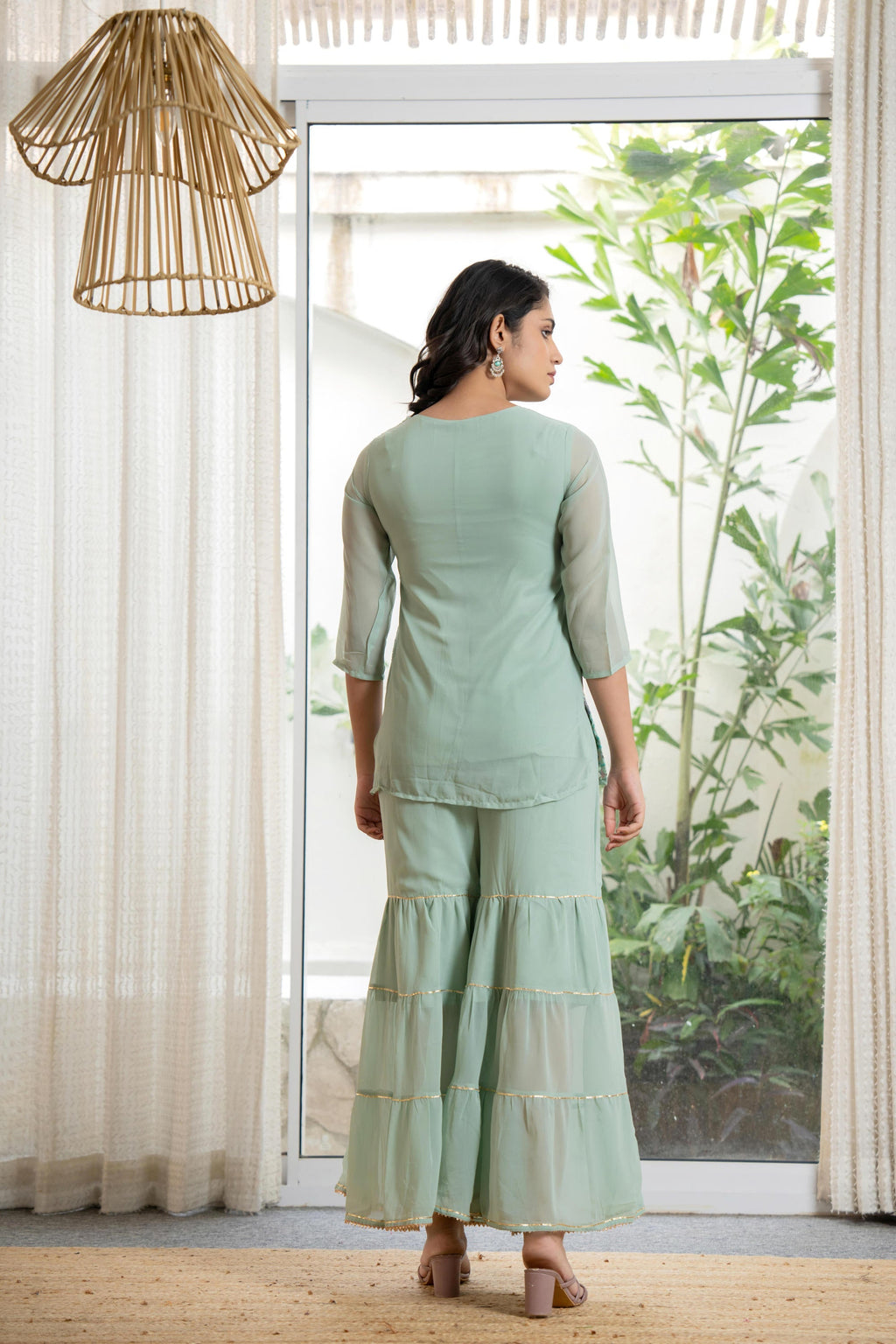 Juniper Women's Green Thread Embroidered Georgette Tunic Sharara & Dupatta Set With Sequins & Lace | Grocsy