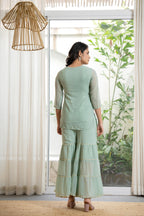 Juniper Women's Green Thread Embroidered Georgette Tunic Sharara & Dupatta Set With Sequins & Lace | Grocsy