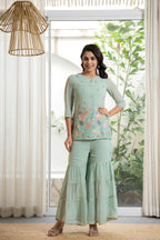 Juniper Women's Green Thread Embroidered Georgette Tunic Sharara & Dupatta Set With Sequins & Lace | Grocsy