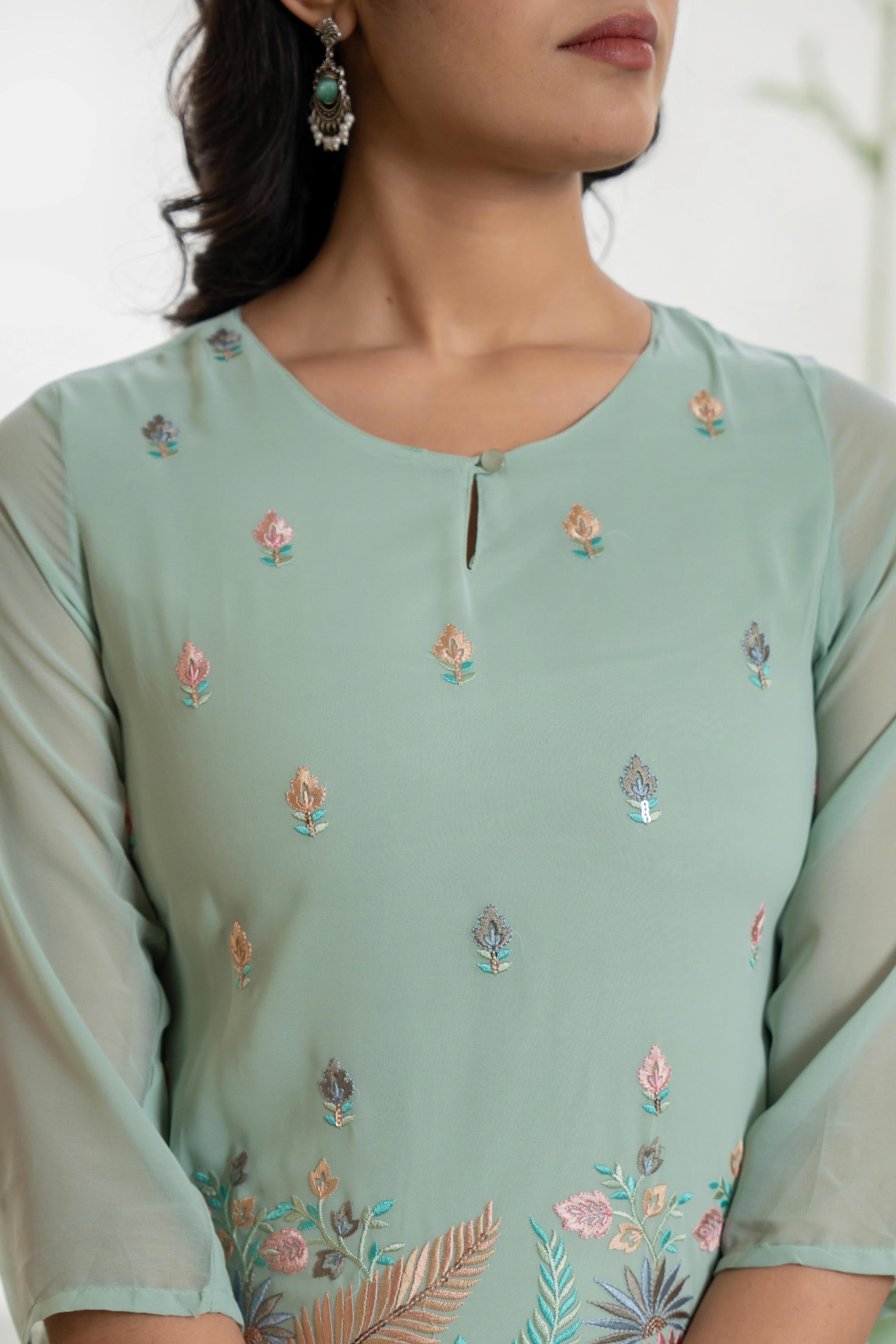 Juniper Women's Green Thread Embroidered Georgette Tunic Sharara & Dupatta Set With Sequins & Lace | Grocsy
