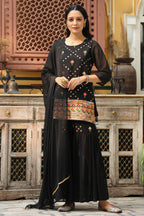 Juniper Women's Black Soild Georgette Tunic Sharara & Dupatta With With Thread & Mirror Work | Grocsy