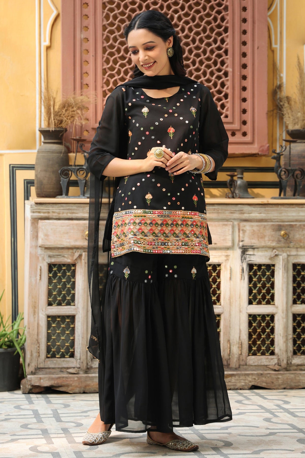 Juniper Women's Black Soild Georgette Tunic Sharara & Dupatta With With Thread & Mirror Work | Grocsy