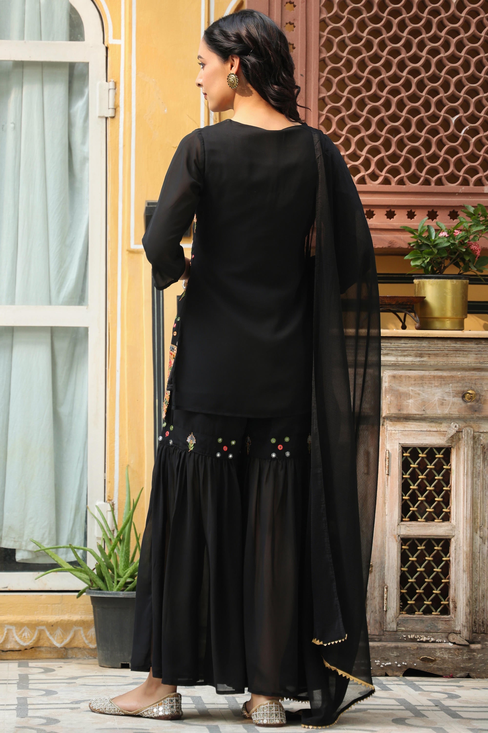 Juniper Women's Black Soild Georgette Tunic Sharara & Dupatta With With Thread & Mirror Work | Grocsy