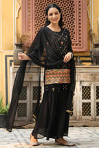 Juniper Women's Black Soild Georgette Tunic Sharara & Dupatta With With Thread & Mirror Work | Grocsy
