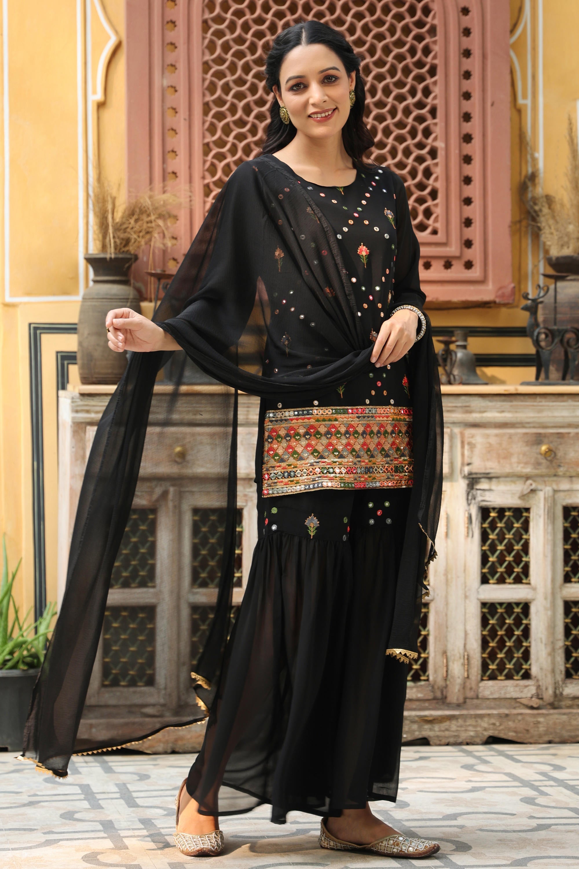 Juniper Women's Black Soild Georgette Tunic Sharara & Dupatta With With Thread & Mirror Work | Grocsy
