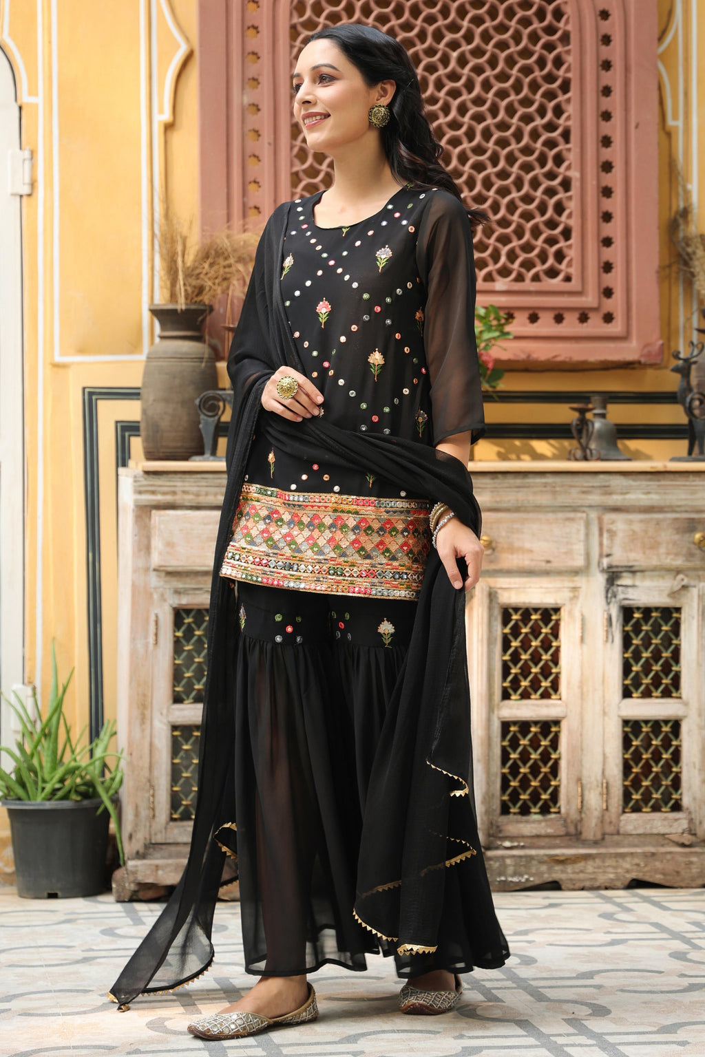Juniper Women's Black Soild Georgette Tunic Sharara & Dupatta With With Thread & Mirror Work | Grocsy