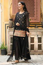Juniper Women's Black Soild Georgette Tunic Sharara & Dupatta With With Thread & Mirror Work | Grocsy