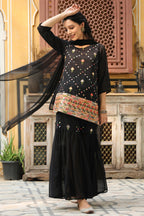 Juniper Women's Black Soild Georgette Tunic Sharara & Dupatta With With Thread & Mirror Work | Grocsy