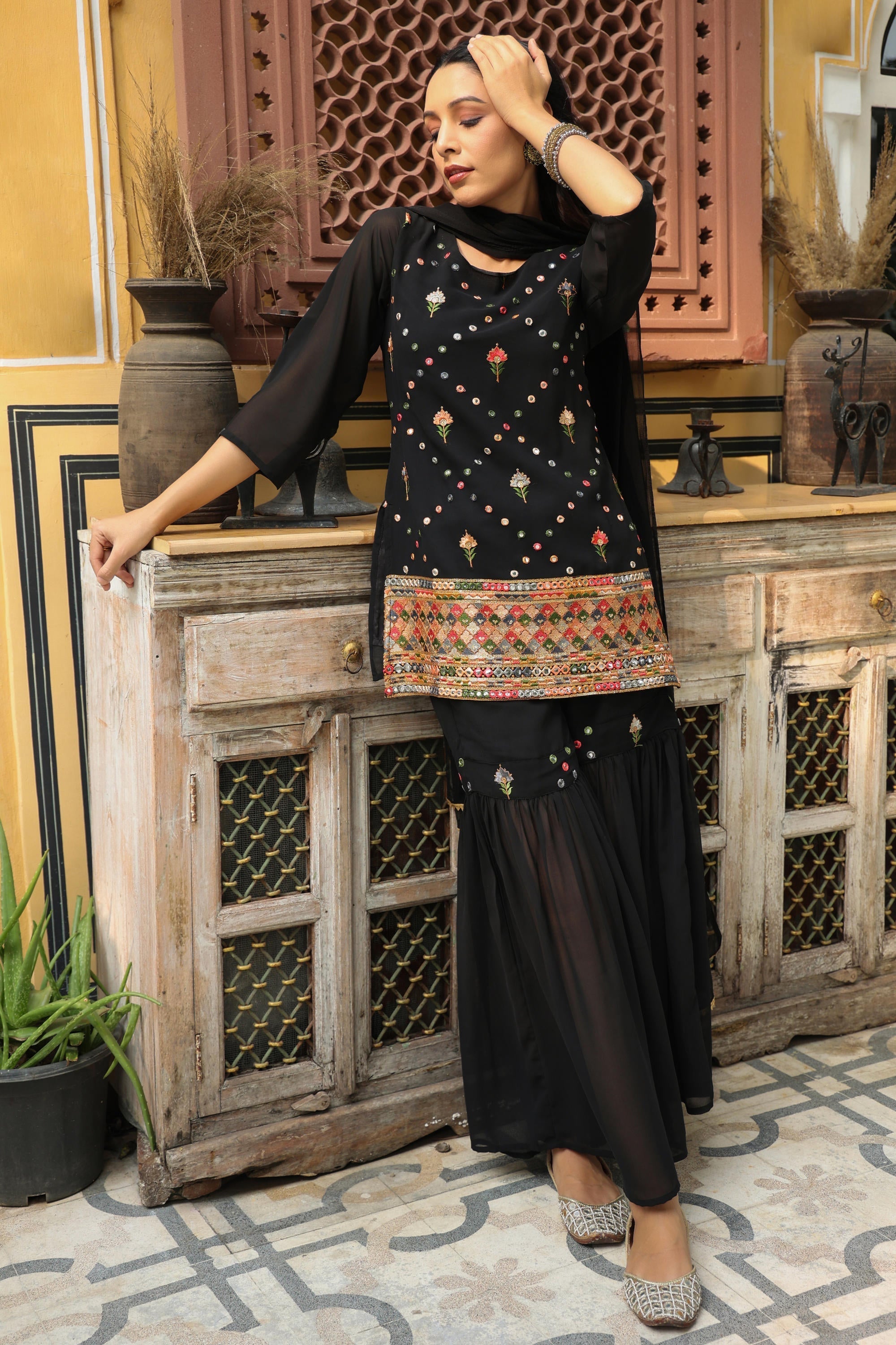 Juniper Women's Black Soild Georgette Tunic Sharara & Dupatta With With Thread & Mirror Work | Grocsy