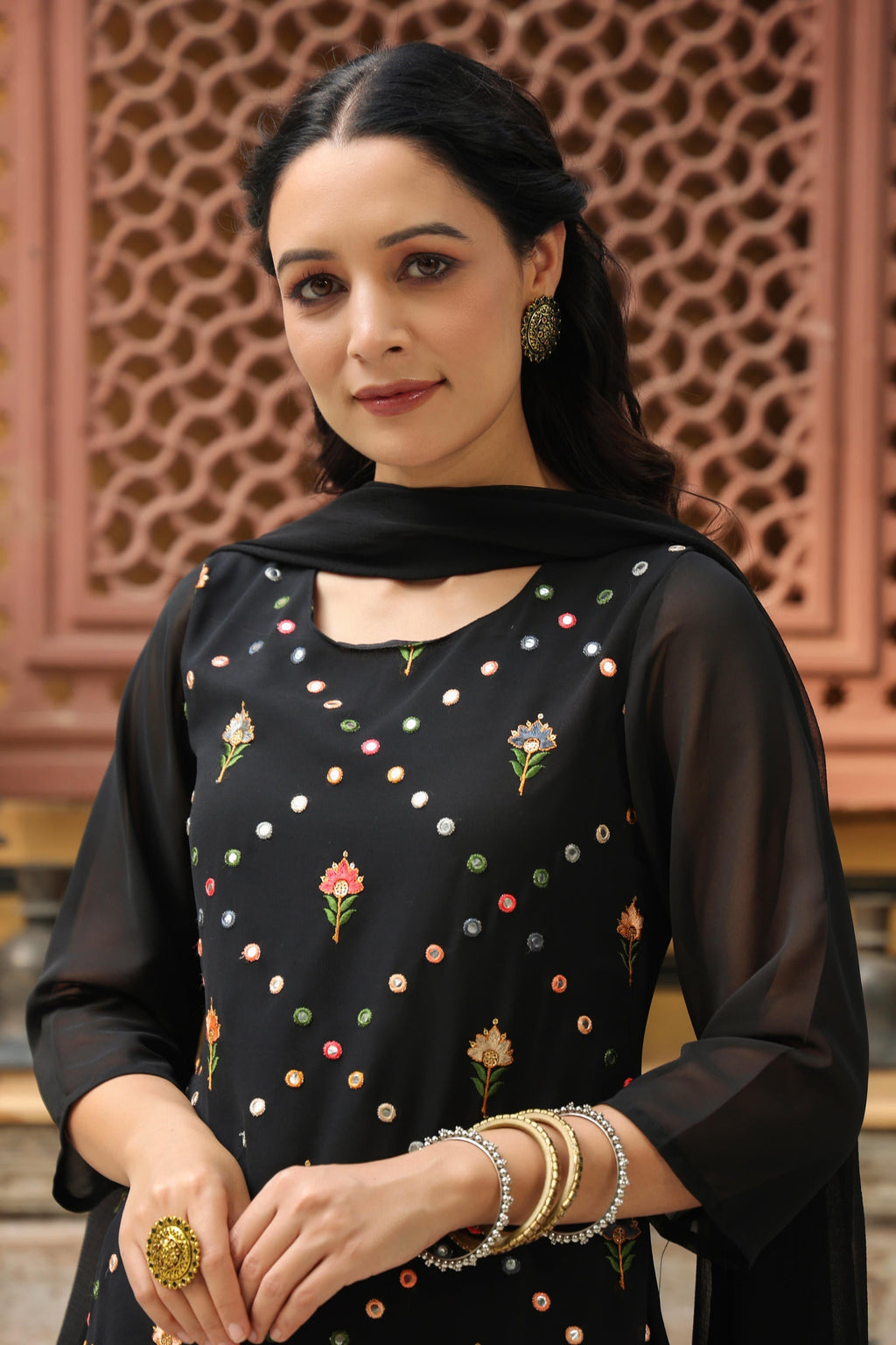 Juniper Women's Black Soild Georgette Tunic Sharara & Dupatta With With Thread & Mirror Work | Grocsy