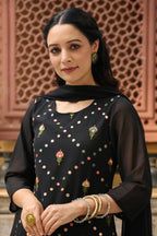 Juniper Women's Black Soild Georgette Tunic Sharara & Dupatta With With Thread & Mirror Work | Grocsy