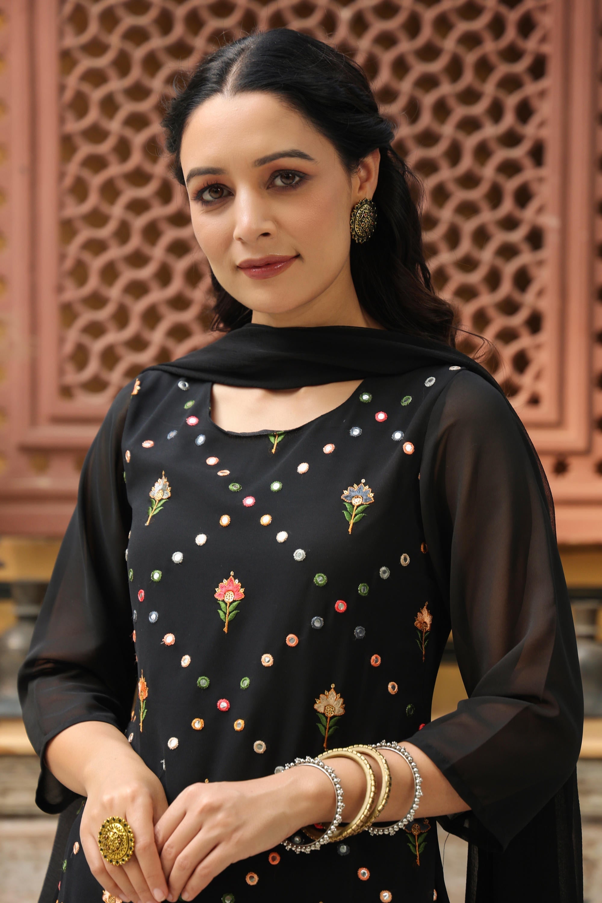 Juniper Women's Black Soild Georgette Tunic Sharara & Dupatta With With Thread & Mirror Work | Grocsy