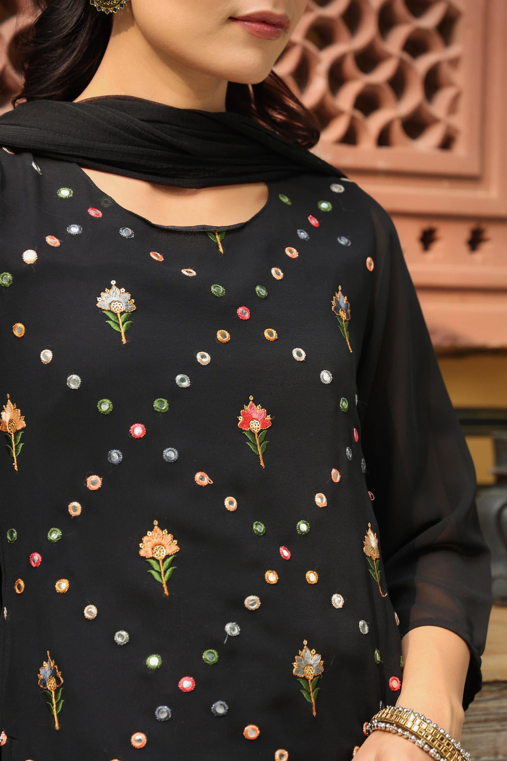 Juniper Women's Black Soild Georgette Tunic Sharara & Dupatta With With Thread & Mirror Work | Grocsy
