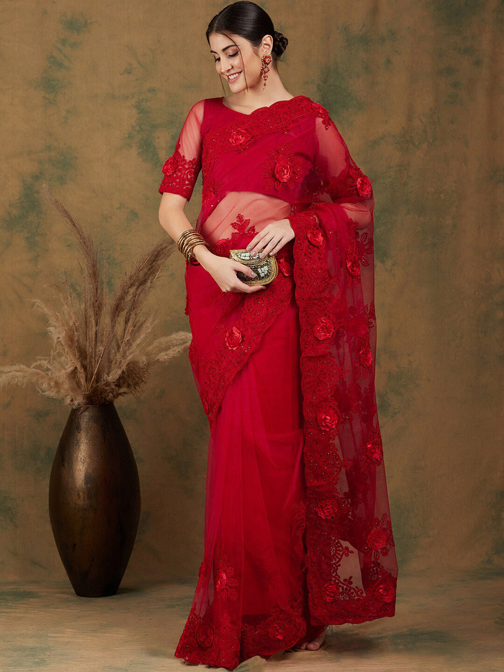 Sangria Red Floral Embroidered Saree | Grocsy