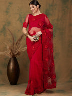 Sangria Red Floral Embroidered Saree | Grocsy