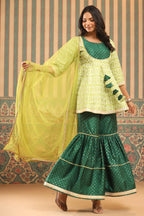 Juniper Green Geometric Printed Shantoon Slub Kurta Sharara & Dupatta Set With Lace Work | Grocsy