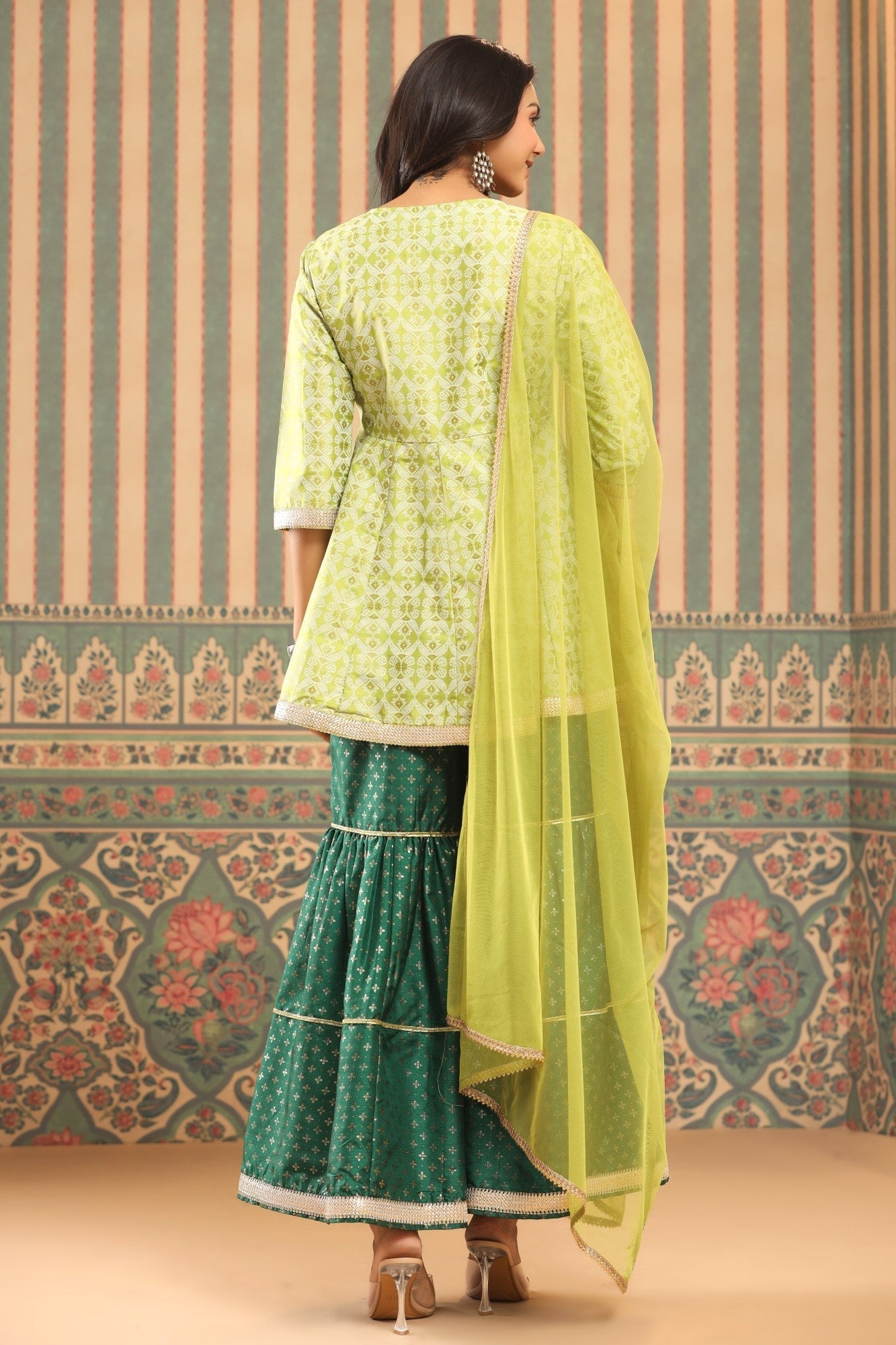 Juniper Green Geometric Printed Shantoon Slub Kurta Sharara & Dupatta Set With Lace Work | Grocsy