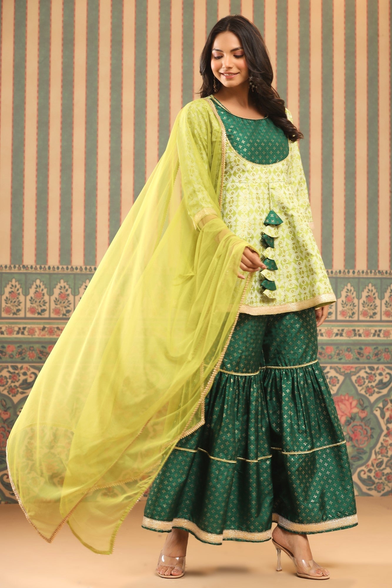 Juniper Green Geometric Printed Shantoon Slub Kurta Sharara & Dupatta Set With Lace Work | Grocsy