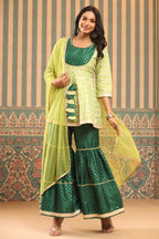 Juniper Green Geometric Printed Shantoon Slub Kurta Sharara & Dupatta Set With Lace Work | Grocsy