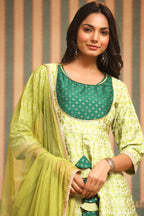 Juniper Green Geometric Printed Shantoon Slub Kurta Sharara & Dupatta Set With Lace Work | Grocsy