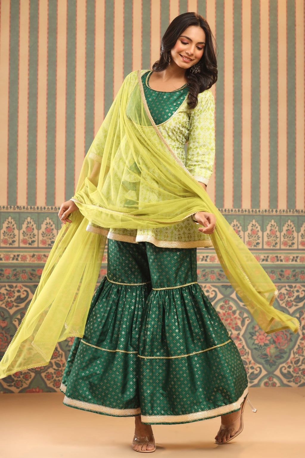Juniper Green Geometric Printed Shantoon Slub Kurta Sharara & Dupatta Set With Lace Work | Grocsy
